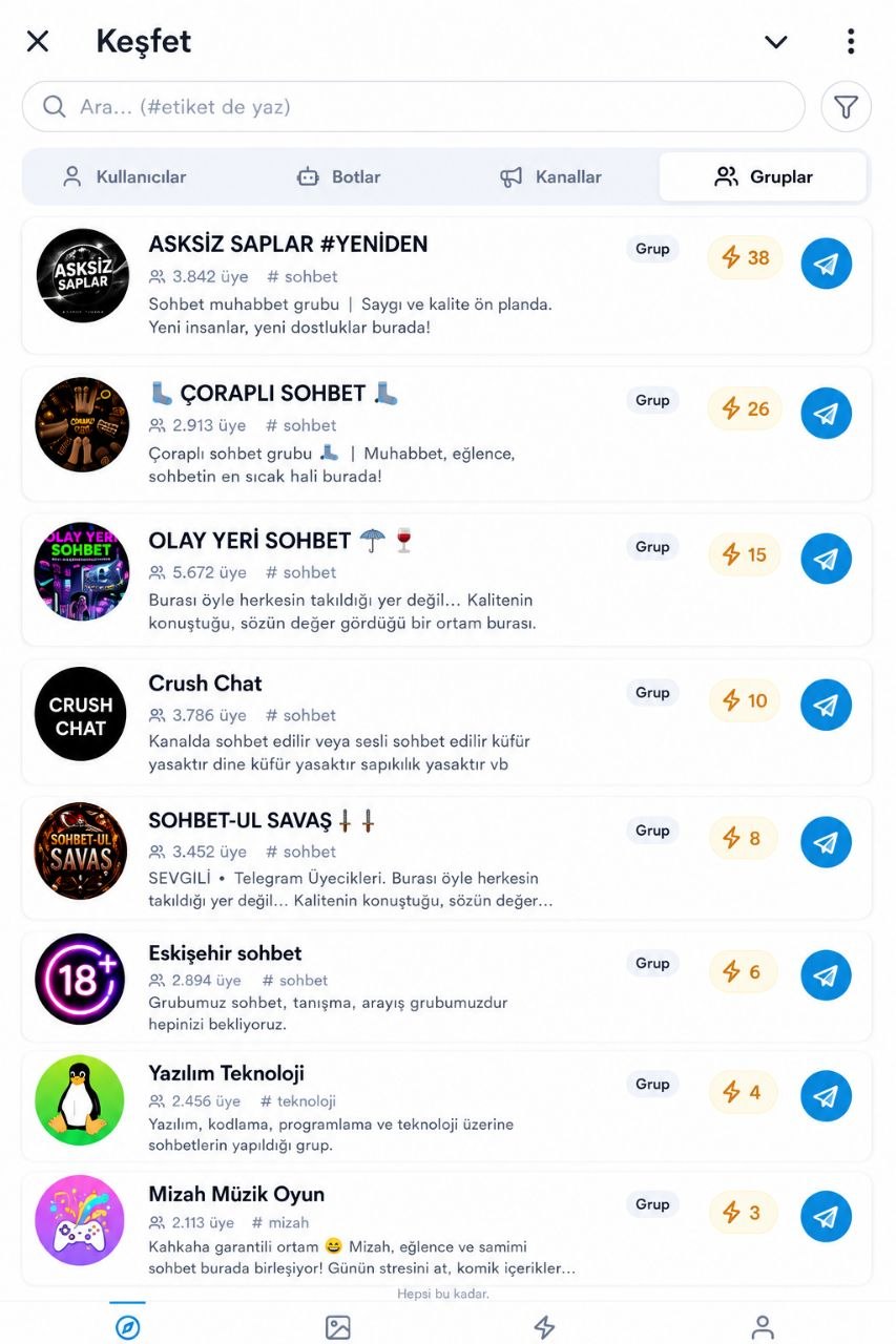 Keşfet Botu Telegram Mini App ekran görüntüsü: gruplar listesi